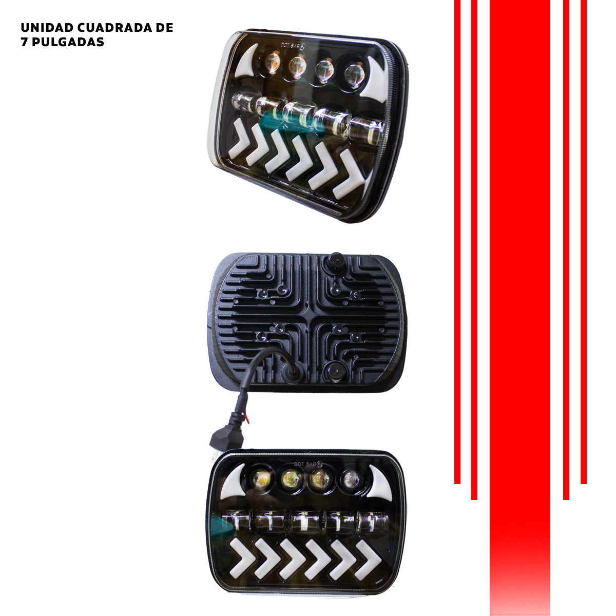 UNIDAD CUADRADA 7" LED CON LUPA Y FLECHA AMBAR Y BLANCO #OP