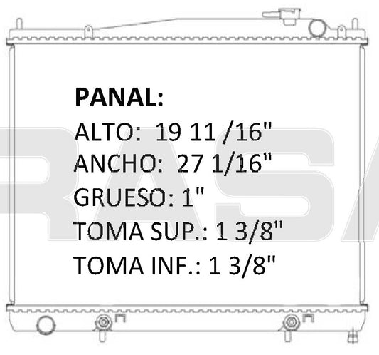35759 AU RADIADOR ALUMINIO PLASTICO PATHFINDER-INFINITY TOMAS CRUZADAS QX4 V6 3.3/3.5 01-04 TRANS:AUTOMATICA RASA